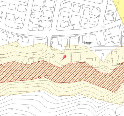 糸島市神在西３丁目　売り土地の地図|土砂災害警戒区域イエローゾーン、一部レッドゾーンに属しております