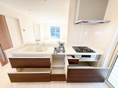 【キッチン】 | 高崎市片岡町　新築住宅 | 忙しい毎日にうれしい、広々としたシステムキッチン。
収納たっぷりで調理器具も調味料もまとめて収納できます。