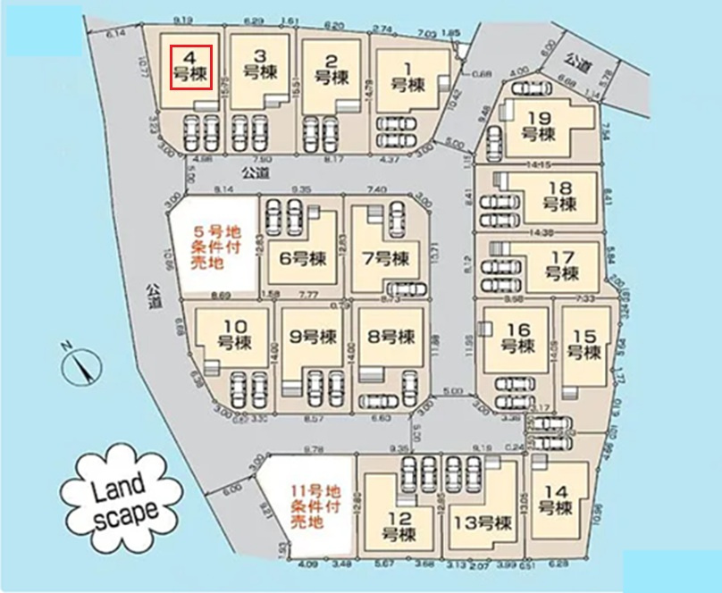 清瀬市下宿2丁目・全19棟　新築一戸建　4号棟の区画図|【全19棟・4号棟】
日当たり・通風良好な南東・南西角地、並列駐車2台可能です。