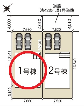 豊田市鴛鴨町第2　新築分譲住宅　全2棟　1号棟の区画図