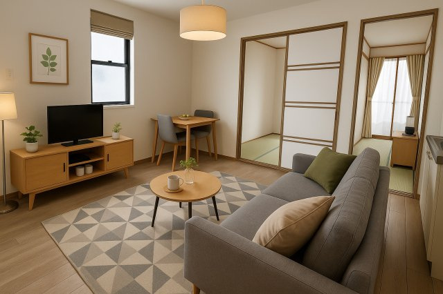 サニーコートBの居間・リビング|※CG画像による、ステージングになります。
写真にある家具家電は、ついてきません。