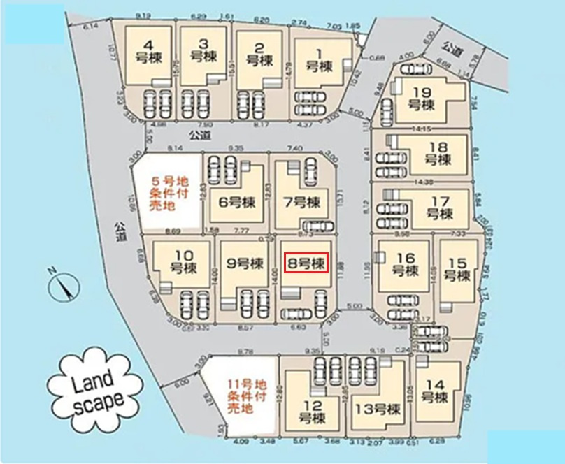 清瀬市下宿2丁目・全19棟　新築一戸建　8号棟の区画図|【全19棟・8号棟】
日当たり・通風良好な南東角地、駐車2台可能です。