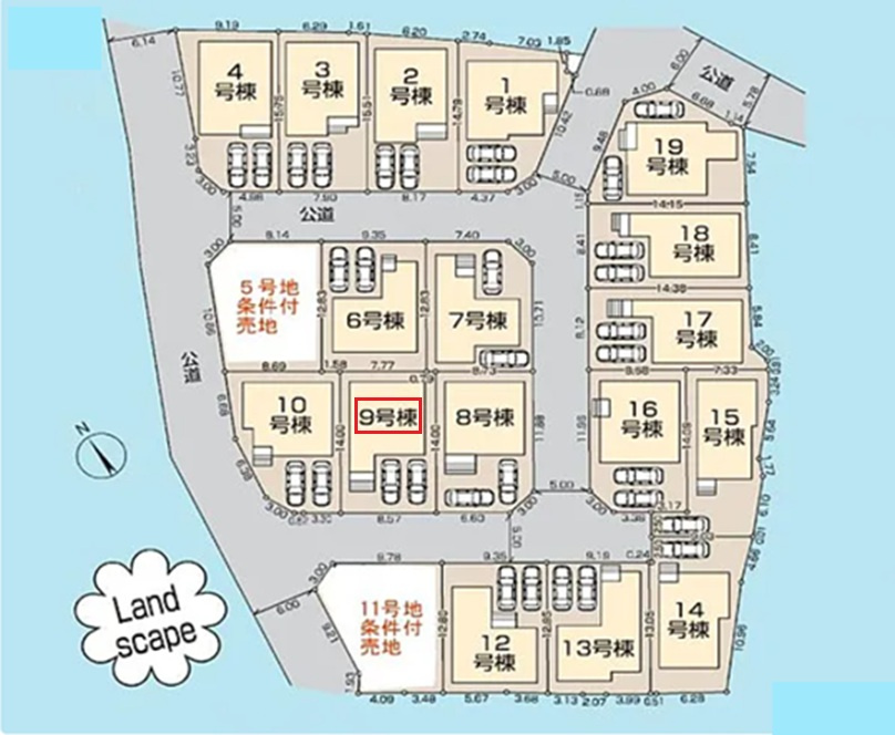 清瀬市下宿2丁目・全19棟　新築一戸建　9号棟の区画図|【全19棟・9号棟】
南道路に面し日当たり良好、並列駐車2台可能です。