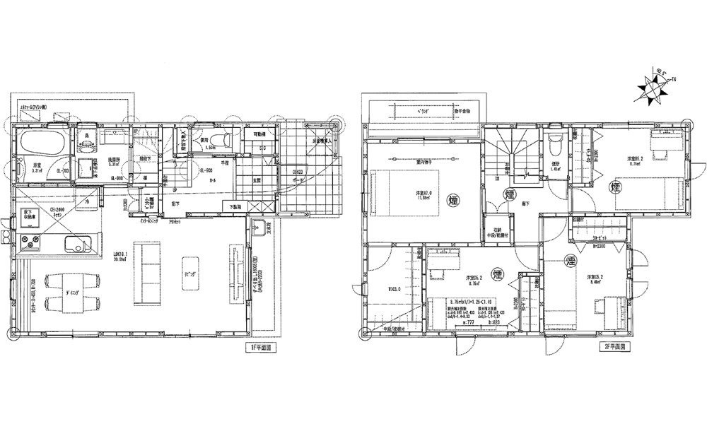 佐伯区皆賀1丁目No.1の間取り|4780万円、4LDK、土地面積137.96m2、建物面積104.33m2、並列2台駐車可能