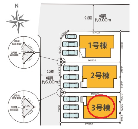 中央区雄踏　1期　全3棟の区画図|駐車場は並列駐車で３台可能です。
