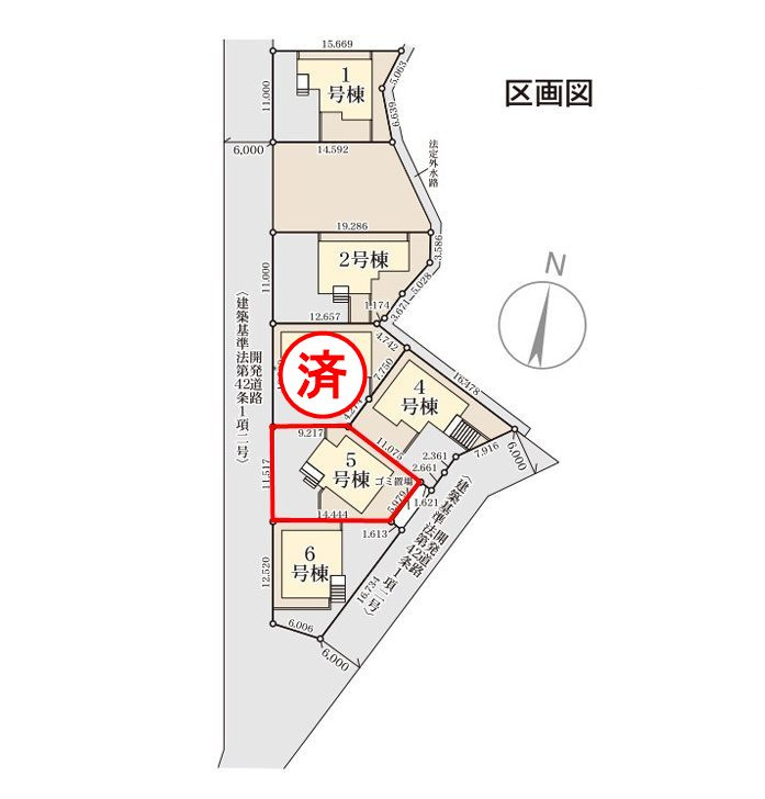 須賀川市森宿字安積田　　　　5号棟　　　西袋第1小学校、西袋中学区　の区画図|配置図