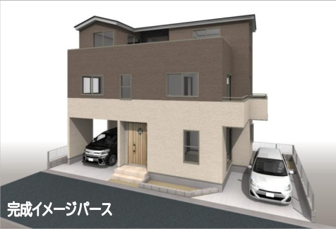 越谷市袋山新築戸建ての外観パース|駐車スペース2台あり♪