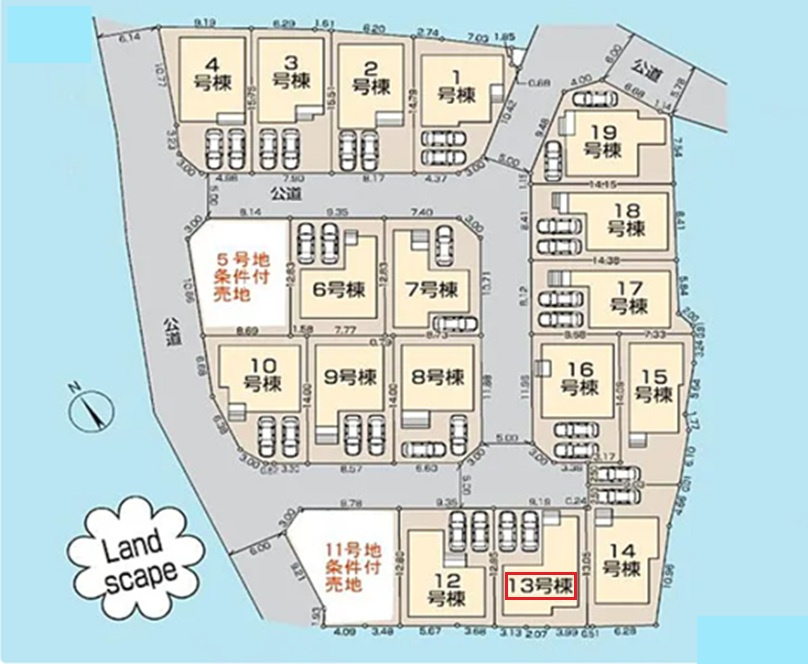 清瀬市下宿2丁目・全19棟　新築一戸建　13号棟の区画図|【全19棟・13号棟】
並列駐車2台可能です。