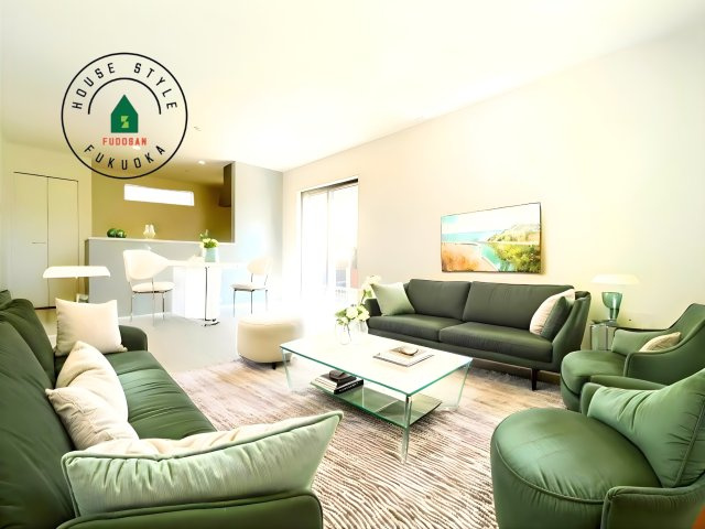 福岡市南区大平寺1丁目第10-2棟(2号棟)の内観：施工例|明るく開放的なリビングダイニングは豊かな陽光が注ぎ込み、やすらぎの空間を演出してくれます。ご家族で楽しいひとときをお過ごし下さい。※家具はCGを合成したものです。