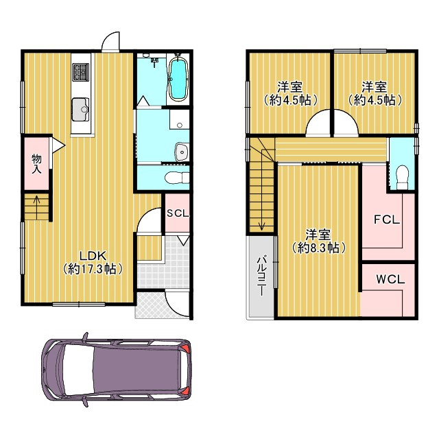 向日市寺戸町向畑の参考プラン|建物価格：2,100万円
建物面積：88.18㎡（26.67坪）