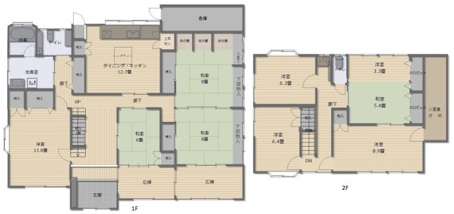 津山市加茂町塔中　２階建中古住宅　８DKの間取り|それぞれの居室だけでなく、廊下や玄関、縁などもゆとりをもって、プランニングされた贅沢な間取り。