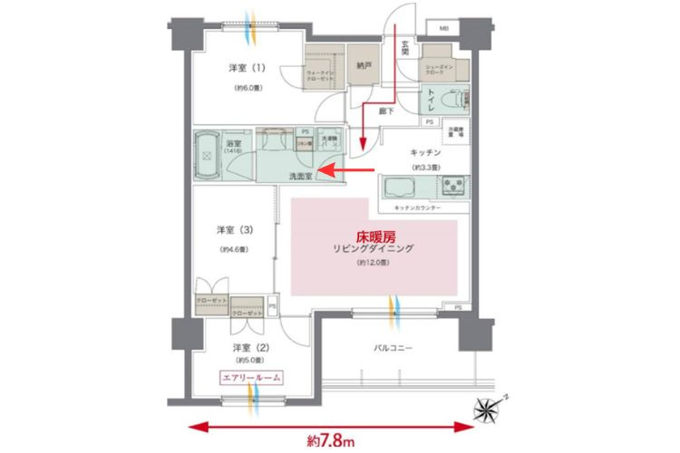 アンビシャスガーデン鶴瀬の間取り|3LDK 70.70㎡ 4560万円
7.8ｍのワイドスパン
豊富な収納　
唯一無二の間取
