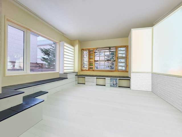 里塚1条3丁目戸建の居間・リビング|奥に見える窓は物件側面の裏庭へ続く通路（プライベート空間を演出する緑の空間）を鑑賞することができます。
※CG加工により家具等を消しております。