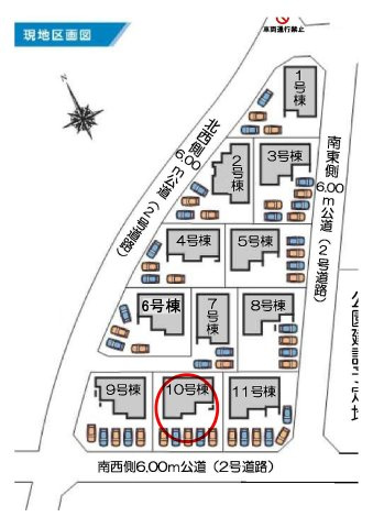 第3富士見町時沢　新築戸建　10号棟の区画図|駐車場並列5台ご用意しています！来客時も重宝します♪
前面道路6ⅿなので、車の出し入れもしやすいですよ！