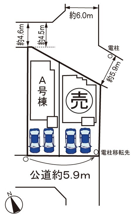 小牧市安田町　新築戸建　A号棟の区画図|南北両面道路・陽当たり良好。