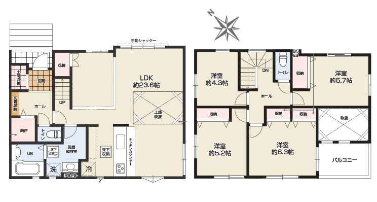 北足立郡伊奈町22期全1棟　1号棟の間取り|上部吹き抜けで開放感のある広々としたリビングで、ご家族との大切な時間を過ごせます。オープンキッチンからリビングを見渡すことができるのも嬉しいポイントです。南向きのバルコニーで、お洗濯物がよく乾きます◎