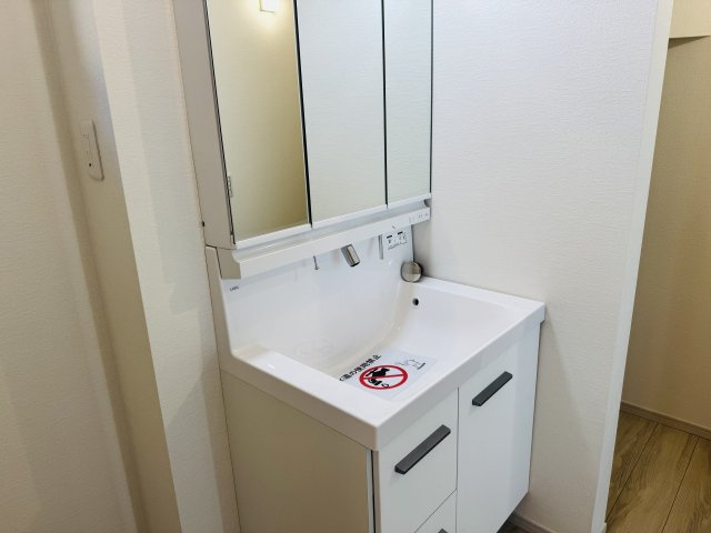 八王子市　諏訪町　新築一戸建て　１期の独立洗面台|～３面鏡付きの独立洗面台　細々している物をスッキリ収納出来ます～