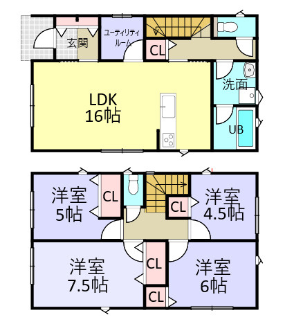 永吉2丁目　新築戸建ての間取り|2階に居室を配置した間取りです。LDKに隣接したユーティリティルームが魅力の4LDK。