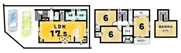 奥海印寺大見坊　建築条件無土地の土地図＋建物プラン例|【新築参考プラン１８５０万円/建物面積８５.８６m2】建築確認申請費用１２０万円・外構費用１１０万円・水道負担金２２万円（全て税込）別途要◆まどりの変更可能です！
