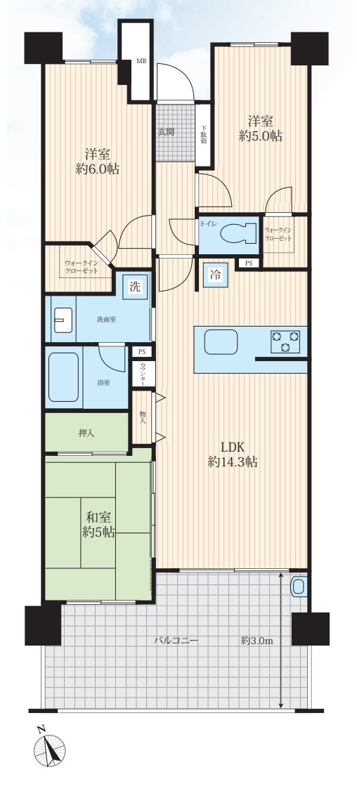 当社スタッフが住んでいるからこそ分かるコトがある！【レーベンリヴァーレ横濱鶴ヶ峰ヒルズ】リフォームの間取り|南西向きの間取り。振り分けタイプになっていて、住人の中には、和室とＬＤＫをリフォームで繋げている方も。