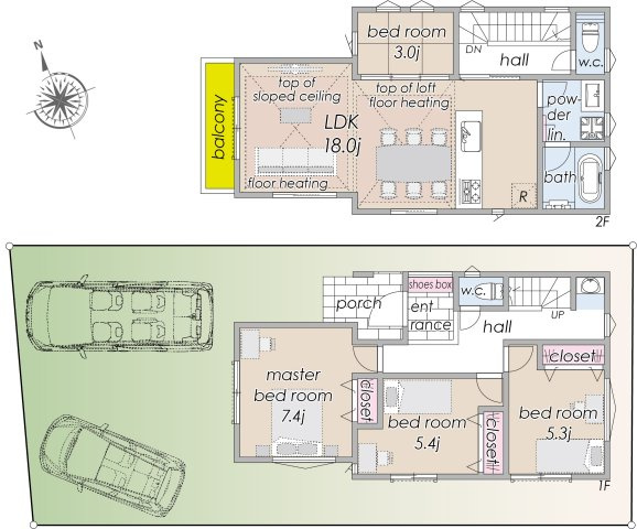 宅地分譲［小金井市前原町４丁目］の完成予想図|【参考プラン図】①
建物面積／97.08㎡（29.36坪）
３ＬＤＫ＋書斎＋カースペース２台