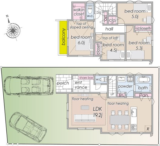 宅地分譲［小金井市前原町４丁目］の完成予想図|【参考プラン図】②
建物面積／97.52㎡（29.49坪）
４ＬＤＫ＋ＷＩＣ＋カースペース２台