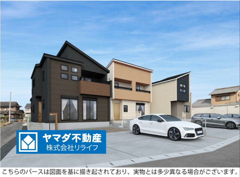 ブルーミングガーデン　江南市和田町本郷　全3区画分譲の外観：施工例|■2号棟
■YAMADA電機の　ヤマダ不動産　株式会社リライフ　一宮店■
【長期優良住宅認定】仕様のおうち！
東栄住宅の家は、全棟「耐震等級３級」「設計・住宅性能評価書取得」で信頼の高い住宅です。