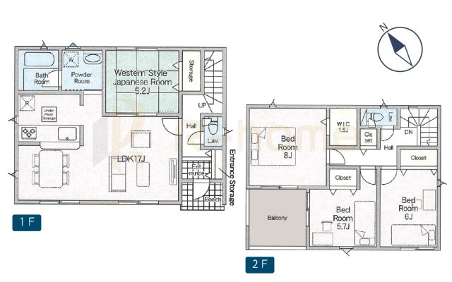 つくば市北中島第3　新築戸建て　1号棟の間取り|4LDK＋WIC、土地面積204.78m2、建物面積98.81m2