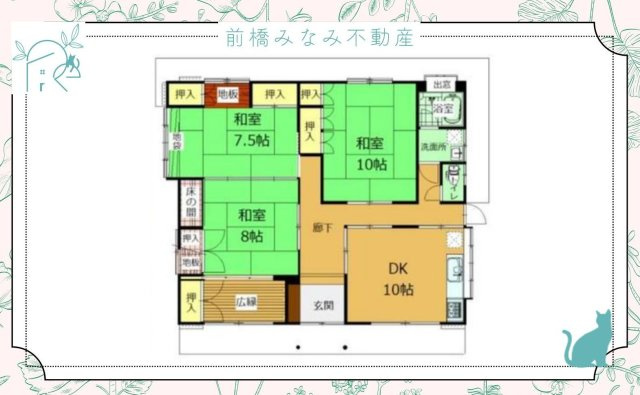 【中古平屋】桐生市天神町３丁目　３DKの間取り
