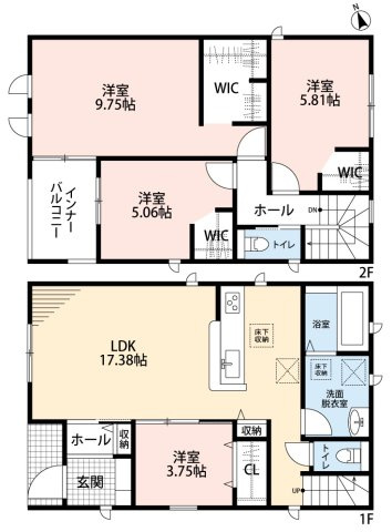 小牧市大字久保一色　新築戸建　２号棟の間取り|LDK17.3帖＋洋室3.7帖の続き間でゆとりの空間です。
ウォークインクローゼット３ヶ所あり。