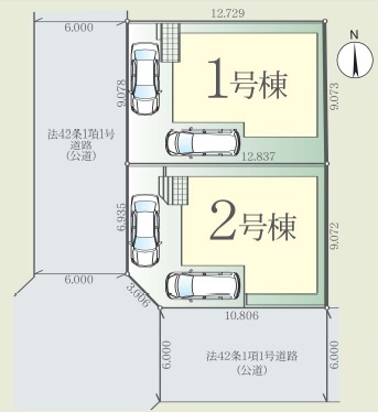 新築一戸建て 所沢市緑町 全２棟の区画図|カースペース２台分(車種によります)