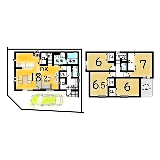 富田町５丁目　Ｂプラン　建築条件付き土地の土地図＋建物プラン例|開放感たっぷりの角地！
