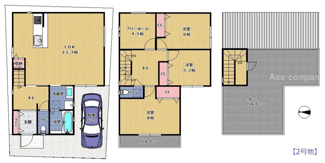 【間取り】 | 八尾市若草町 | 【2階建て♪LDK広々約21帖！全洋室♪ルーフバルコニー付き☆スマートキーで楽々解施錠☆】