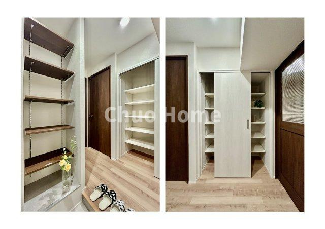 清新南ハイツ12号棟の玄関|【玄関】玄関には大型のシューズクローゼットを設置しておりますのでいつでもスッキリりとした空間を保てます。玄関周りを清潔に使うのはとても大事なことですよね。