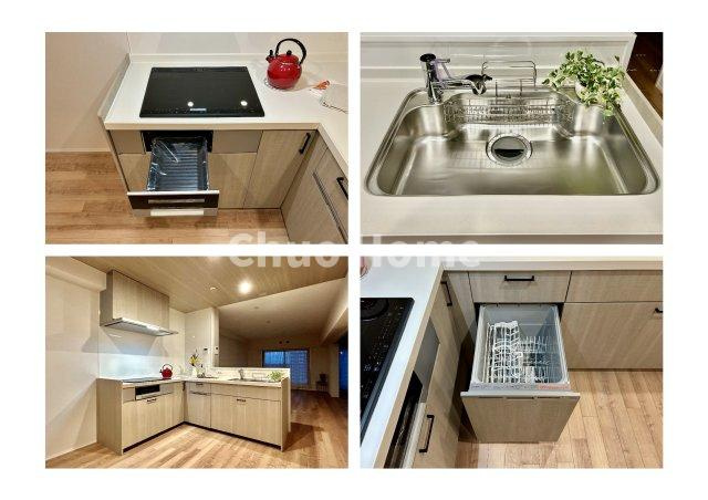 清新南ハイツ12号棟のキッチン|【システムキッチン】ワイドで収納豊富な使い勝手の良いカウンターキッチンには、食洗器や伸縮タイプのキッチン水栓、三ツ口コンロ・魚焼きグリルなどの便利な設備が標準完備されています。