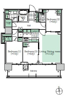 SKY DUO PARK VILLAGE T棟　7階の間取り|南向きの74.33㎡の3LDKの間取りです。