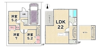 【土地図＋建物プラン例】 | 下京区西七条南東野町　建築条件なし | 《建築プラン例：1号地》建延92.75平米