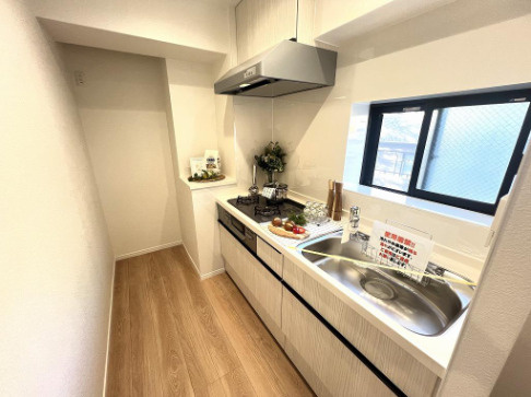 セザール赤塚ガーデンのキッチン|新規交換のシステムキッチンはグリル付き3口ガスコンロです