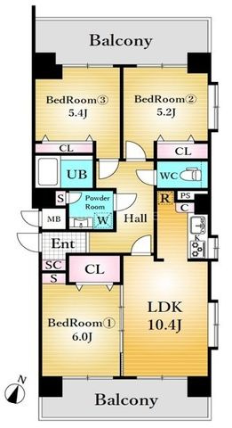 セザール赤塚ガーデンの間取り|専有面積64.13㎡の3LDK 角住戸につき、陽当たり・通風良好です