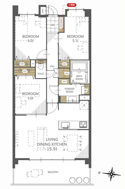 ビクトリアアネーロ大宮の間取り|大きな窓から日が差し込む、明るく気持ちの良いリビングです。キッチンからリビング全体を見渡すことができますので、ご家族との会話を楽しみながらお料理ができます。大切なペットと一緒に暮らせるマンションです◎