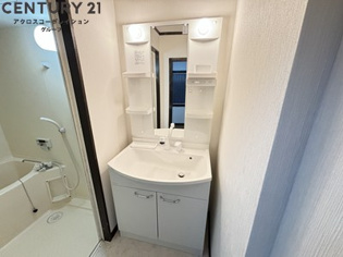 アメニティ収納棚ありの独立洗面台です