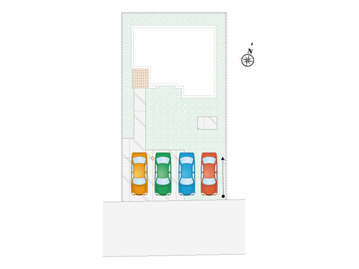 駐車並列4台可能で、開放感あふれる暮らしを実現。ご夫婦に加えて、お友達・ご親族など来客時の駐車スペースには困りません。外構付きで、車の出し入れも快適。