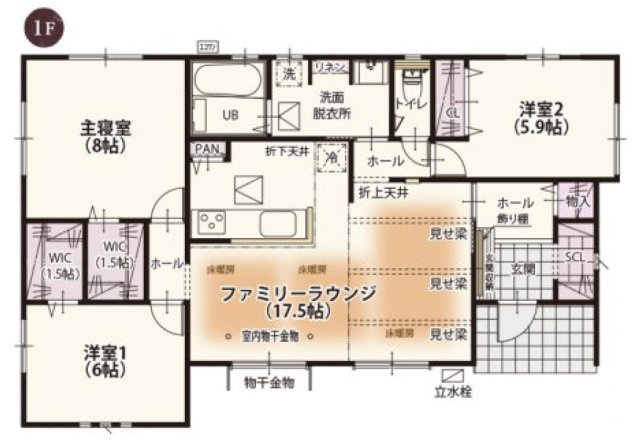 幸手市下川崎　第1期　全7邸の間取り|〇3LDK〇
広々ファミリーラウンジ17.5帖！
シューズインクローク、ウォークインクローク、パントリー付き♪収納豊富な平屋プラン♪