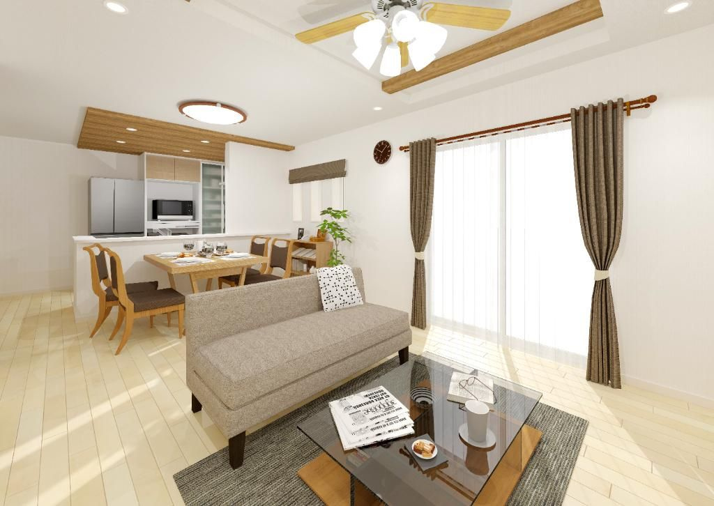 ふじみ野市駒西１丁目 新築戸建の内装|内装イメージパース　対面式キッチンなのでリビングダイニングのお子様を見守ることができます。