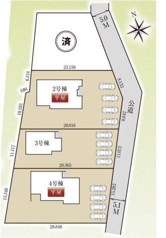 深谷市針ヶ谷　新築戸建　全4区画　の区画図|土地９３坪！並列駐車４台可能！