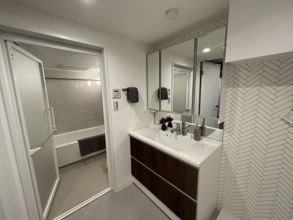 マンション雪谷テラスの独立洗面台|十分な大きさの洗面台は収納力大。身だしなみチェックや歯磨きなど、朝の慌ただしい時間でも余裕とゆとりを感じられます♪
