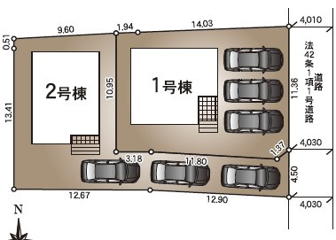 松本市南原1丁目　新築戸建の区画図|カースペースは車種により3台駐車可能、来客時も安心です。