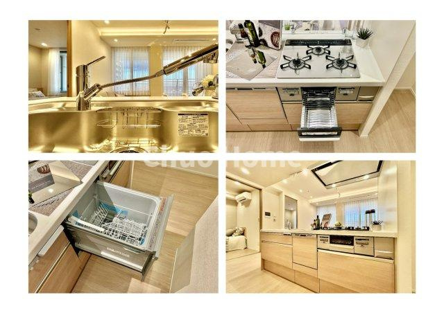 ステーションガーデンタワーのキッチン|【システムキッチン】ワイドで収納豊富な使い勝手の良いカウンターキッチンには、食洗器や伸縮タイプのキッチン水栓、三ツ口コンロ・魚焼きグリルなどの便利な設備が標準完備されています。