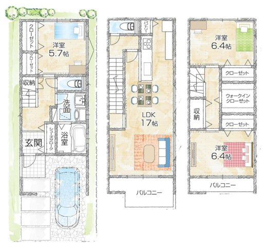 【間取り】 | 八尾市水越3丁目 | 【新築後未入居物件☆】「全洋室3LDK＋駐車スペース」収納＆設備充実♪宅配ボックス・玄関電子キーシステム・食洗機・浴室乾燥機完備等☆