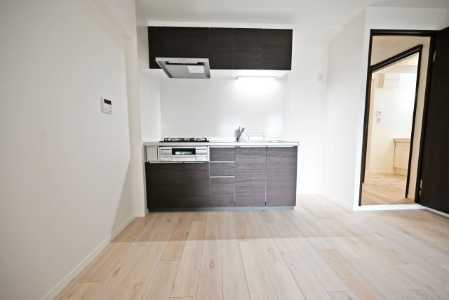 GSハイム第弐江坂の居間・リビング|収納量が豊富なシステムキッチン。 リフォームの際に新調済の為ピカピカのキッチンで新生活を迎えることが出来ます。